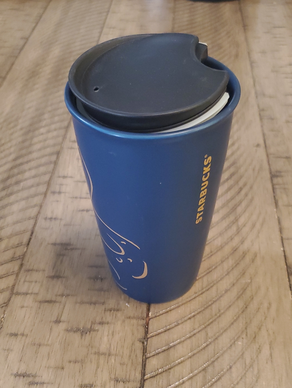 Starbucks Navy Blue Travel Mug with Black Lid and Gold Logo